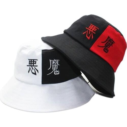 Autumn Outdoor Anime Demon Text Embroidery Cotton Stitching Color Fisherman Cap Male Female Cool Sunshade Panama Bucket Hat F120