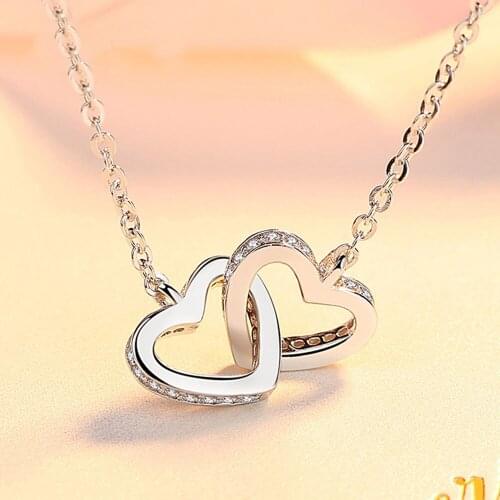Authentic 925 Sterling Silver Love Heart To Heart Crystal Pendant Cross Chain Necklaces For Women Wedding Party Jewelry Gift