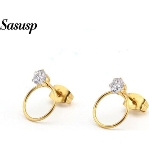 Sasusp Simple Crystal Circle Stud Earrings For Women Men Stainless Steel Geometry Round CZ Tiny Earrings Fine Jewelry Pendientes