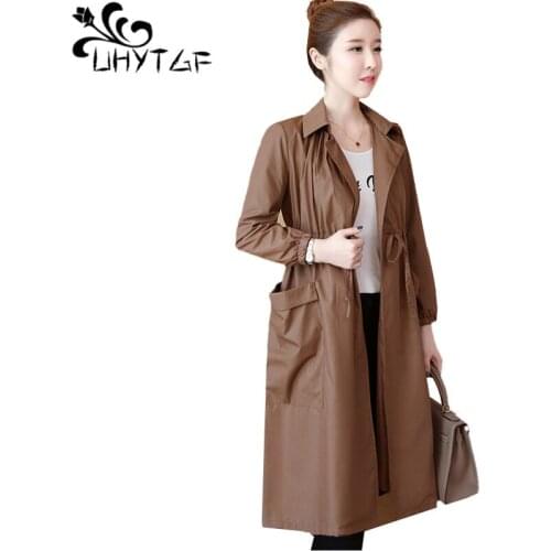 UHYTGF 5XL Plus Size Trench Coat Womens Fashion Cardigan Mid-Length Spring Autumn Windbreaker Female Casual Thin Outerwear 2006