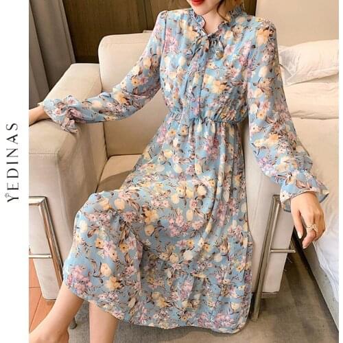Yedinas Spring Floral Print Women Dress Lace Up Female Pleated Dress Autumn Long Dresses Elegant Stand Collar Chiffon Vestidos