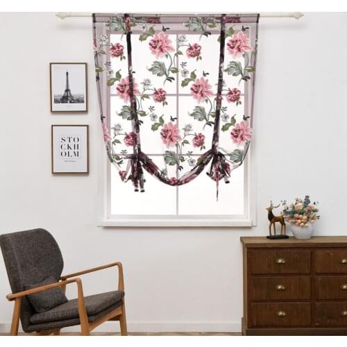 Roman Curtain Romantic Peony Printed Tulle Curtain Short Curtain for Kitchen Bathroom Bedroom Home Decor Semi-shading Drapery