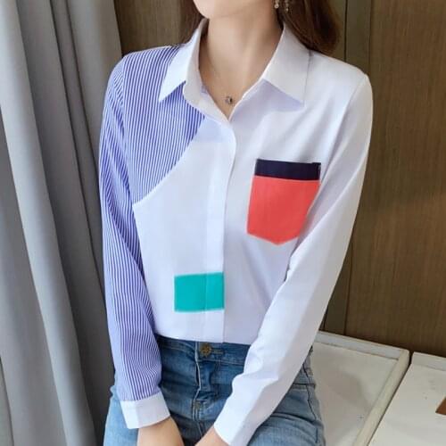 Striped Stitch Loose Long Sleeved Korean Fashion Summer WomenS Clothing Vintage Shirts Blouses Top New Vetement Femme 2021