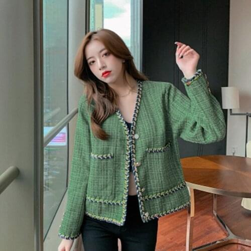 New Fashion Small Incense Wind Weaving Jacket Womens Autumn 2021 Korean Temperament V-Neck Tweed Outwear