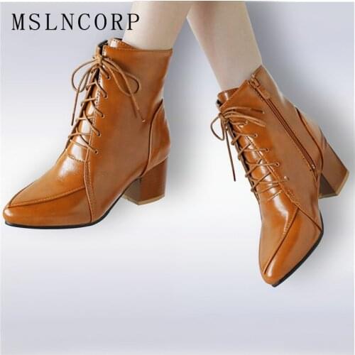 Plus Size 34-45 spring autumn Handmade Women Ankle Boots Comfortable Designer high heel lace-up martin boots thick heel Shoes