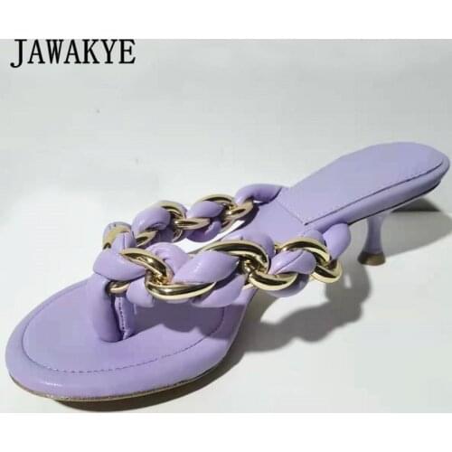 Purple Gold Chain Flipflops Women Slides Soft Sheep Leather Kitten Heels Runway Clip-on Party Wedding Shoes Multicolor Slippers