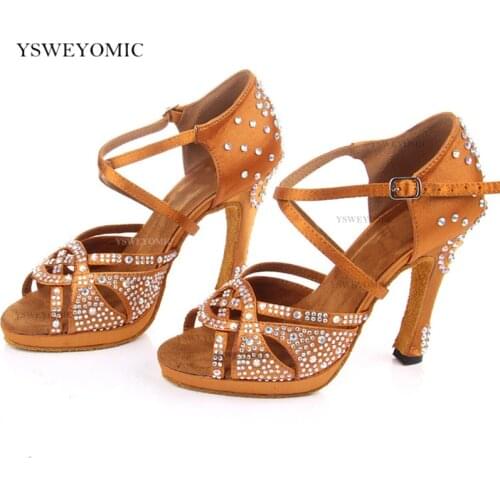 Rhinestone Latin Tango Shoes For Women Ladies Comfort Salsa Shoes Latin Ballroom Bronze Dance Shoes High Heel With Platform