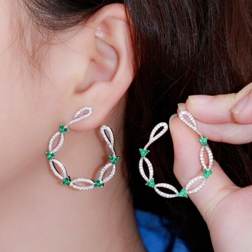 CWWZircons Noble Stylish Hollow Out Green Cubic Zircon Flower Large Drop Party Earrings for Women Silver Plated CZ Jewelry CZ959