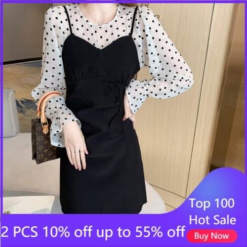 2021 Autumn New Dignified Design Strap Dress + Chiffon Polka Dot Long Sleeve Shirt Two-Pieces Set Elegant Female Dresses