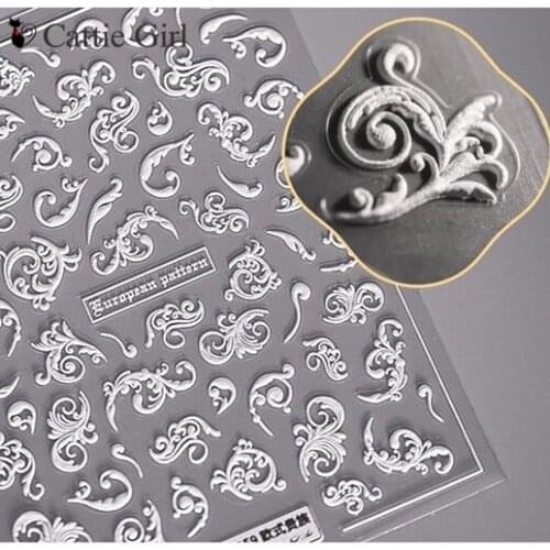 1 Sheet Retro Relief 3D Nail Sticker Acrylic Engraved Flowers Gel Nails Stickers Nail Decal Nails Decorations