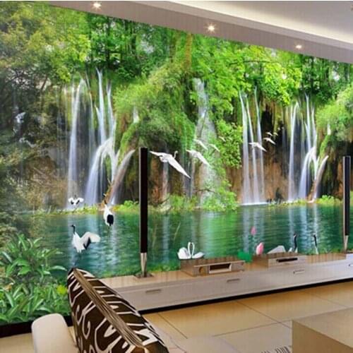 Waterfall crane scenery 5d wall mural for living room TV background 8D photo mural Papel de parede