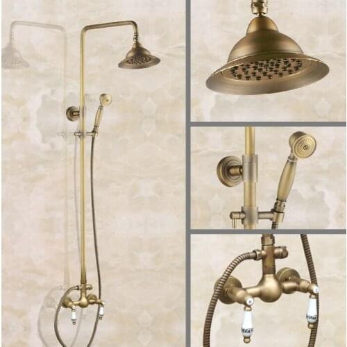 7 inch Round Bathroom Wall Mounted Two Ceramics Handles Bath Antique Brass Rain Shower Handshower Faucet Set Mixer Tap aan105