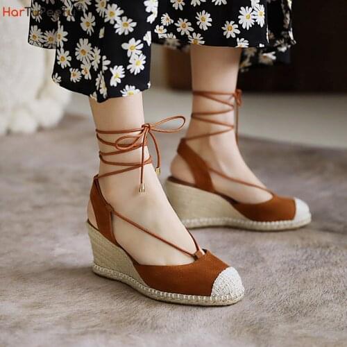 Size 34~44 Summer Women Wedges Sandals Bohemian Dress Gladiator Bandage Kid Suede Flock Patckwork Casual 2cm Platform Shoes