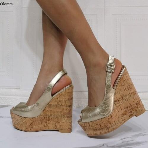 Olomm New Fashion Women Sandals Buckle Wedges Heel Peep Toe Gorgeous Gold White Fuchsia Party Shoes Women US Plus Size 5-20