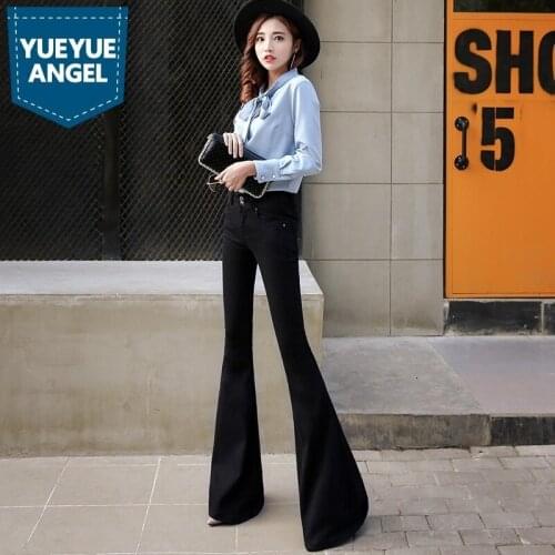 Vintage High Waist Black Autumn Winter Women Flares Pants Slim Fit Full Length Fashion Streetwear Stretch Female Denim Trousers