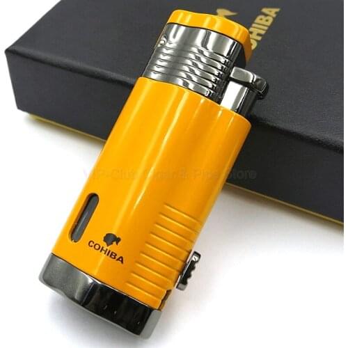 COHIBA Metal Yellow Cigar Cigarette Tobacco Lighter 3 Torch Jet Flame W/Punch Windproof Outdoor Smoking Tool Refillable