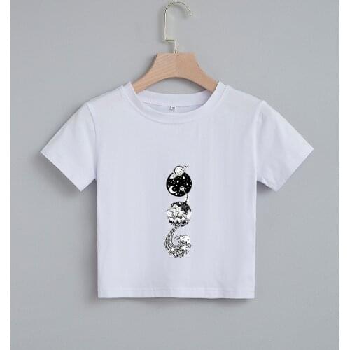 Cotton T Shirt Women Summer Planet Printed Basic Tees Crop Tops Casual Short Sleeve Slim Tshirt Korean O Neck White Tops
