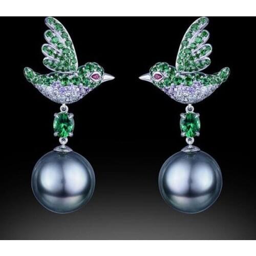 Lovely Green Crystal Flying Bird Drop Earrings Chic Jewelry Micro Paved White CZ Stone Pearl Wedding Earring for Women Girl