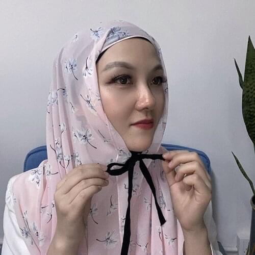 Fashion Floral Pin Free Instant Scarf Rope Style Printed Chiffon Bonnet Hijab Women Shawls Wrap Malaysian Under Headscarf