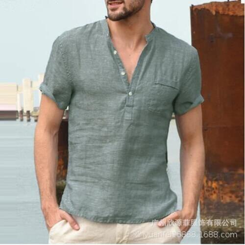 2020 Plus Size Hot Sale Casual Mens Shirt Stand Collar Linen Short Sleeve Shirt Cross-Border Mens Shirt S-4xL