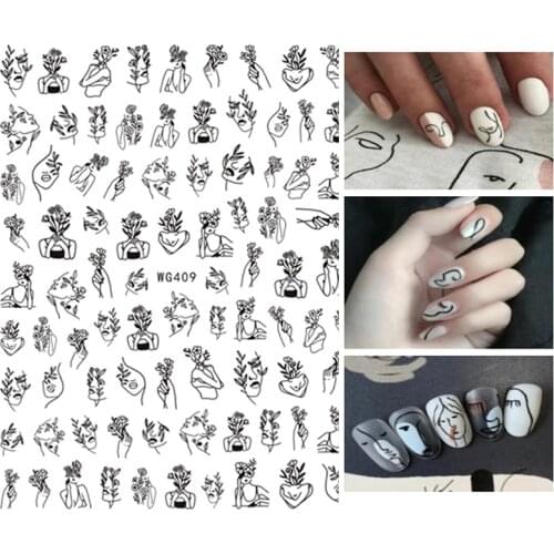 1 Sheet Abstract Lady Face Nail Decals Colorful Black White Leaf Sliders Paper Decoration Gel Polish 3D Sticker Foils