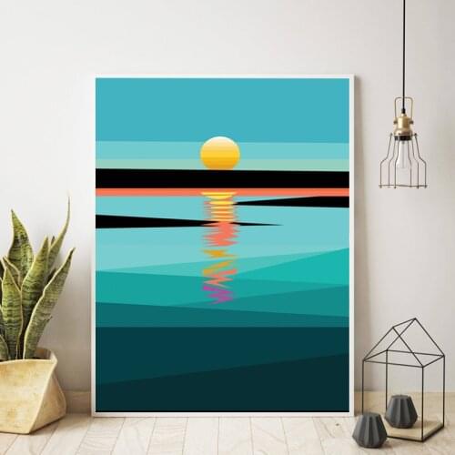 Sunset Wall Art Painting Picture Abstract Geometric Sky Ocean Landscape Art Print Modern Poster Living Room Bedroom Decor