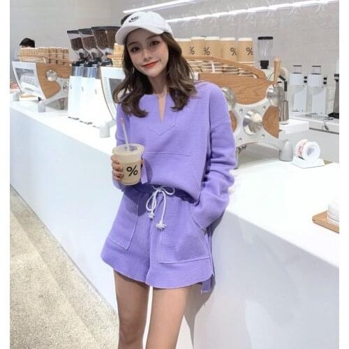 New Korea Loose Solid Pullover Womens Long Sleeve Irregular Top & Lace Up Waist Wide Leg Shorts Two Piece Set Knitwear Suits
