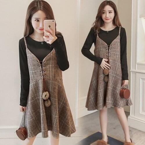 Autumn Winter Elegant Pregnant Women Clothing 2 Piece Sets Long Sleeve O-neck T-shirts+Woolen Sling Dress Maternity Outfits