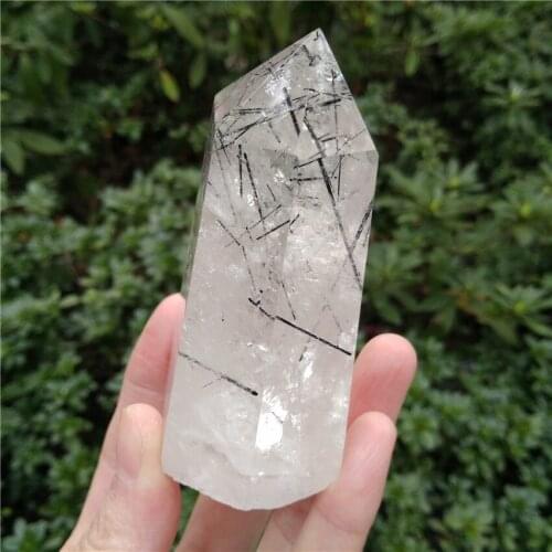 RARE Rutilated Quartz Wand Black Hair Crystal Poin Black Tourmaline Crystal Tower Healing Chakra Meditation Crystal