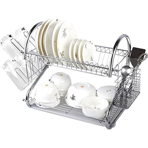 S-Shaped Dish Rack Set 2-Tier Chrome Stainless Plate Cutlery Cup Tableware Tray Drain Bowl Rack Kitchen Shelf Storage Basket