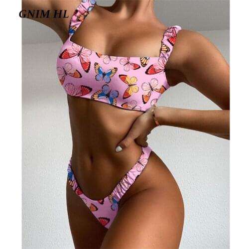GNIM Sexy Bandeau Bikini Swimwear Women Two Pieces Summer 2020 Butterfly Print Brazilian Swimsuit Female Beachwear Swimming Suit