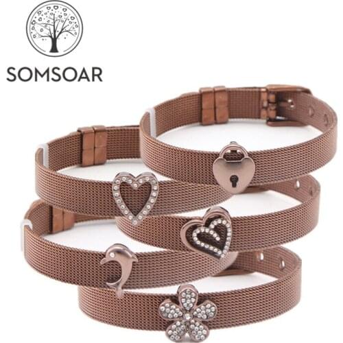 Somsoar Jewelry Coffee Stainless Steel Mesh Bracelet Bangles with coffee Slide Charms as valentines day gift