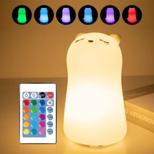 Cat LED Night Light Touch Sensor Remote Control RGB Silicone USB Rechargeable Bedroom Bedside Lamp for Children Kids Baby Gift