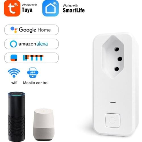 Tuya 10A Brazil Standard WiFi Smart Plug , Smart Life APP Remote Smart Socket Voice Works for Google Home, Alexa Echo