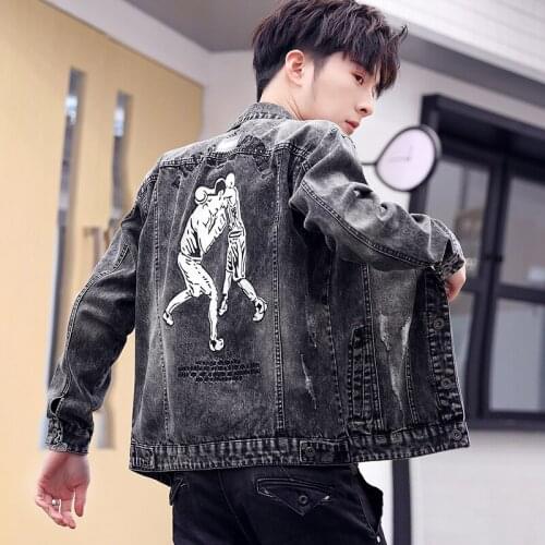 Vintage Denim Men Hip Hop Printed Fashion Single Breasted Cotton Ribbon Jeans Coats Streetwear Designer Clothes