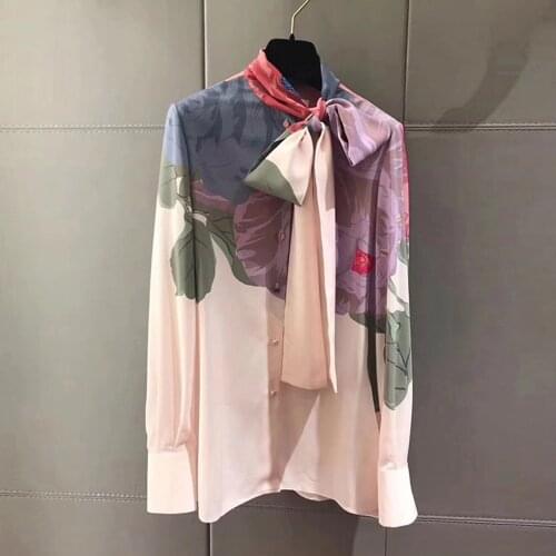 Summer Fashion Bow Floral Print Blouse Pullover Runway Tops Women 2021 Female Womens Long Sleeve Shirt Blusas Clothing