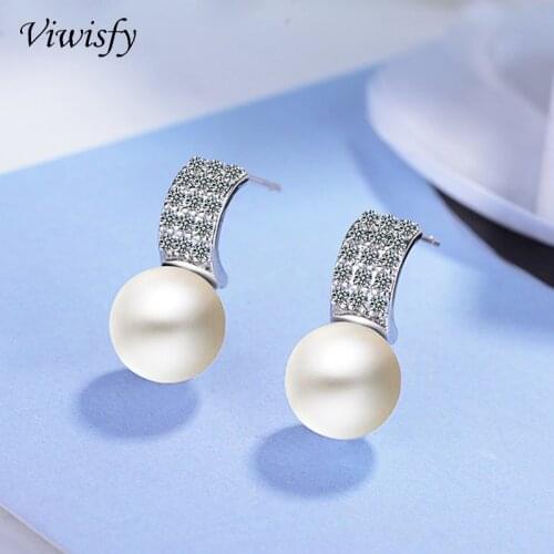 Viwisfy Luxury Pearl Jewelry Crystal Studs Real 925 Sterling Silver Earrings For Women VW21077