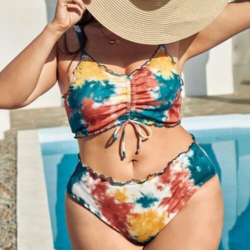 Ribbed Womens Plus Size Bikini Sets Two Piece Push Up Padded Large Size Swimsuit Large Size Tie Knot Laced-Up Swimwear XL-4XL