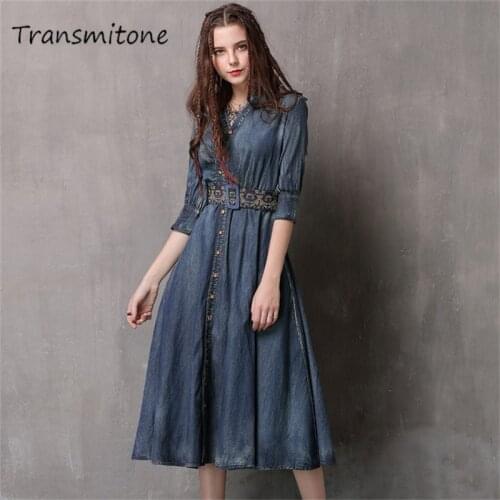Denim Vintage Women Dress 2020 Spring Women Dresses V-Neck Three Quarter Sleeve A-line Swing Hem Belted Vestidos A82083