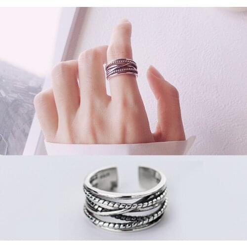 RYOUCUTE 100% Real Silver Color Exaggerated Personality Multilayer Retro Rings for Women Statement Adjustable Finger Ring