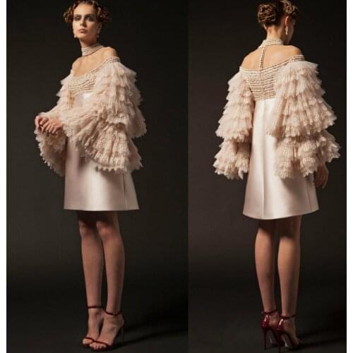 2020 Short Prom Dresses Tulle Appliqued Beads High Neck Tiered Skirts Vestido De Festa Long Sleeve Evening Dress Party Wear