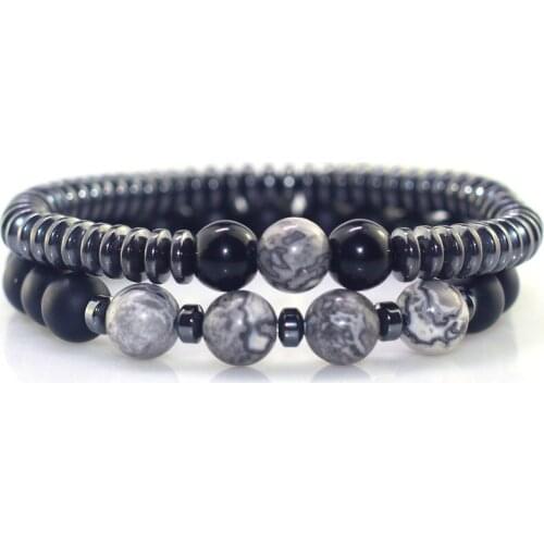 2021 2PCS/Set Fashion Natural Stone 8mm Beads Bracelet Men 6mm Hematite Round Tablets Chain Bracelets for Women Pulseras