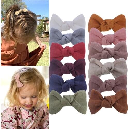 4 pcs Small Linen Fabric Bow Nylon Headbands Baby Hair Clips Bow Newborn Toddler Girls Mini Hair Bows Hairbands