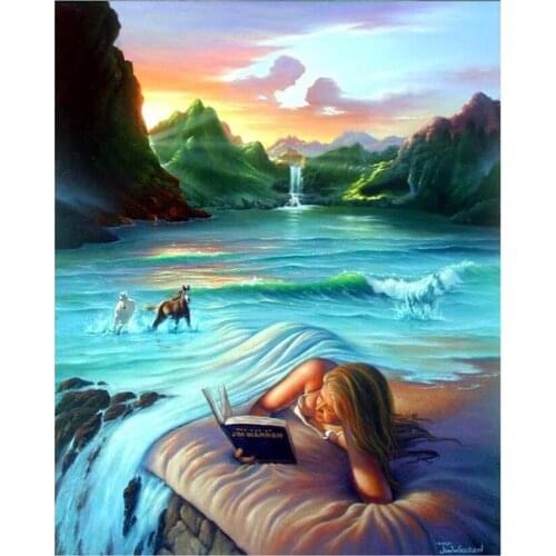 2021 New 5D DIY Full Round Diamond Painting Girl Reading Cross Stitch Landscape 3D Embroidery Rhinestone Mosaic Home Decor Y601