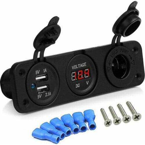 Car Charger Motorcycle Plug Dual USB Adaptor + 12V / 24V Cigarette Lighter Socket Green Red LED Digital Voltmeter Mobile Phone