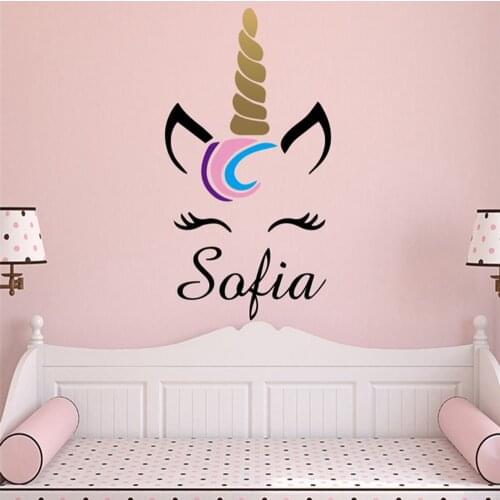 Large kawaii Unicorn Vinyl Wall Sticker Custom Name Wall Decals For Kids Baby Bedroom Nursery Decoration Murals Stickers Muraux