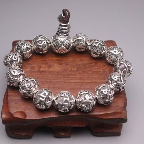 S925 Sterling Silver Bracelet Women Men Luck Bless Six-word Motto Round Beads Link Bracelet 14mmW 96-99g 7inches