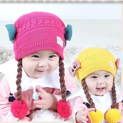 Baby Bow Winter Hat with Wig Pigtail For Girls Kids Warm Knitted Hat Newborn Beanie Cap Fashion Cute Infant Cap