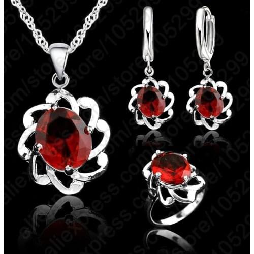 Vintage Wonen 925 Sterling Silver Jewelry Sets Hollow Out Austrian Crystal Pendant Necklaces Earrings Ring Brides Set