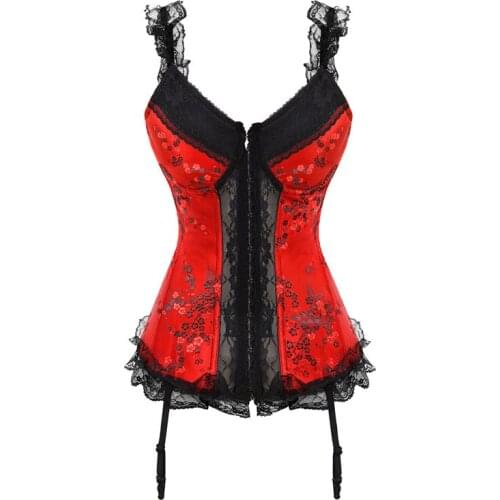 WYS.JL Overbust Corset Sexy Lace Plus Size Erotic Zip Floral Women Bustier Corset Lingerie Tops Red Gothic Corset